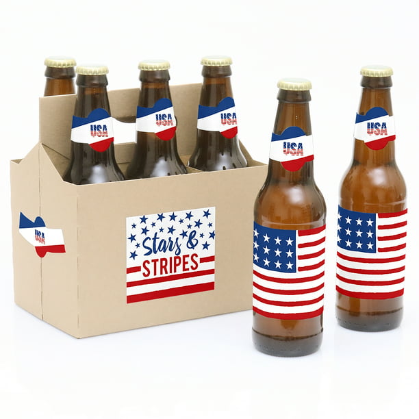 6 Beer Bottle Label Stickers and 1 Carrier Memorial Day USA Patriotic Party Decorations for Women and Men Stars & Stripes 